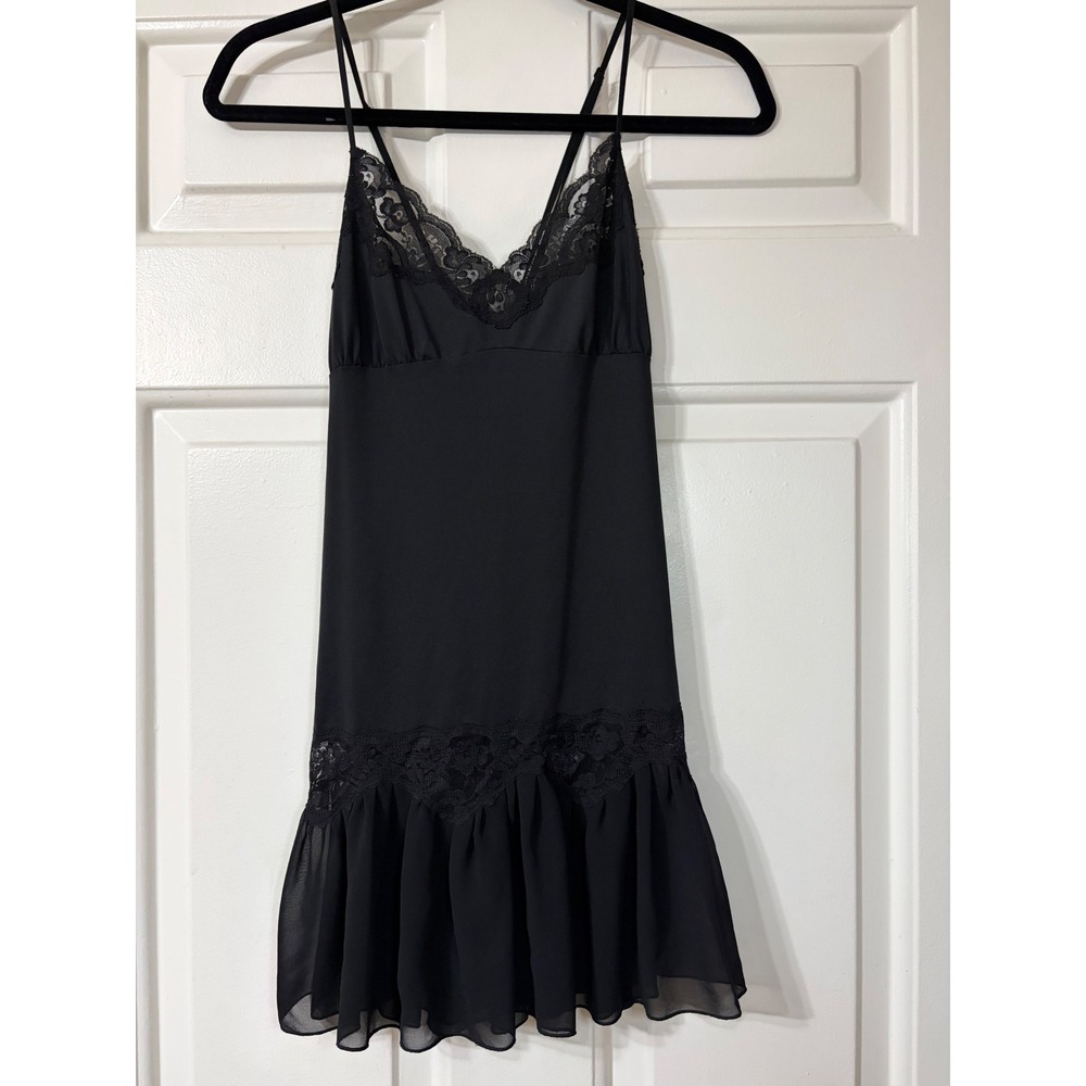 Frederick's of Hollywood | Lace Trim Ruffle Slip Dress | L || Black|
